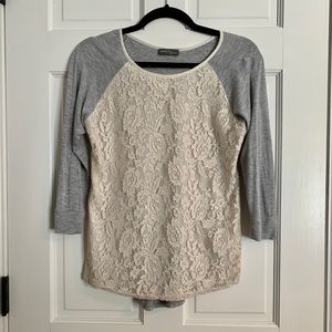 Lace Front Crew Neck 3/4 Sleeve Top